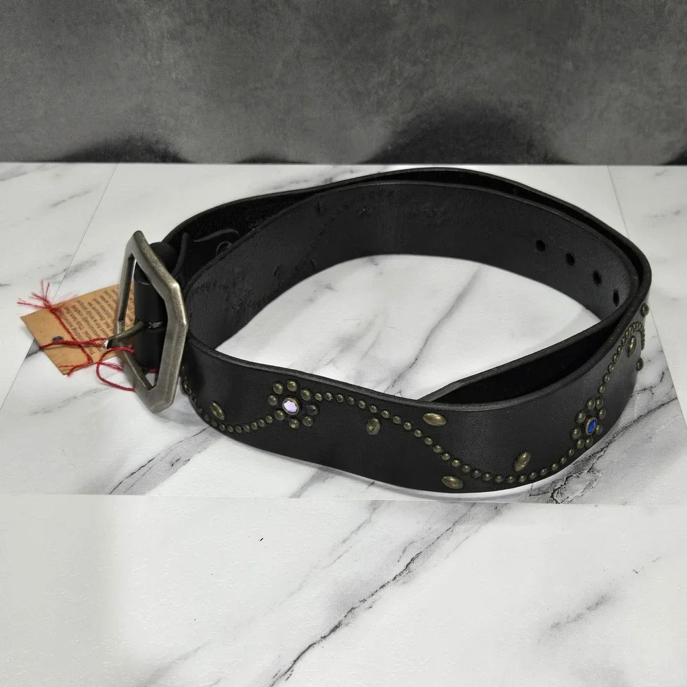 True Religion Womens 34 Black Leather Jewel Studded Belt Western Y2K Floral NWT